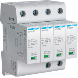 HAGER SPN901R Kombinovaný svodič přepětí T1+T2, Iimp 12,5 kA (10/350), 4-pól pro síť TN-S 