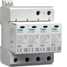 HAGER SPA931 Kombinovaný svodič přepětí (MOV) T1+T2, Iimp 12,5/50 kA (10/350), (3+1) sig.