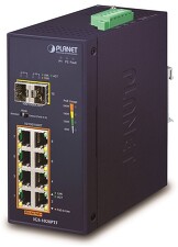 PLANET IGS-1020PTF Switch, průmyslový, PoE, 8x RJ-45 GbE, 2x SFP, 8x PoE 802.3af/at