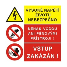 STRO.M 9001-14-01 Vysoké napětí životu nebezpečno/Nehas vodou ani pěnovými přístroji/Vstup zakázán! 30x30cm (samolepka)