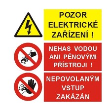 STRO.M STQ-14-01 Pozor elektrické zařízení/Nehas vodou ani pěnovými přístroji/Nepovolaným vstup zakázán 30*30cm (samolepka)